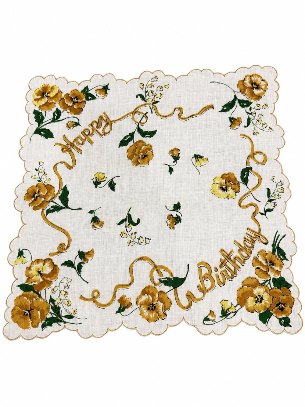 Vintage Happy Birthday Floral Handkerchief Scalloped Edge Yellow Green